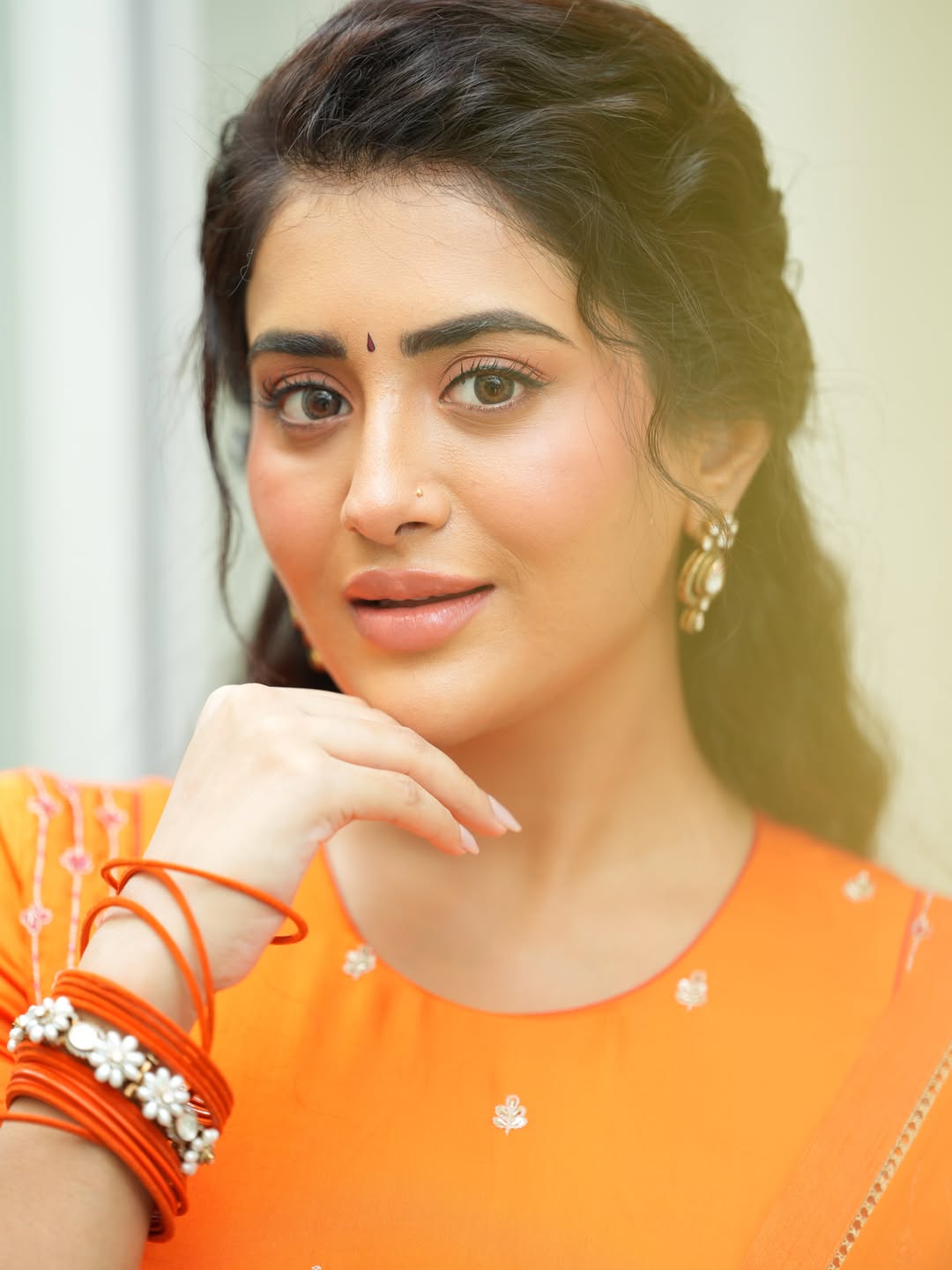 Rashi Singh Close Up Pose In Orange Saree Look