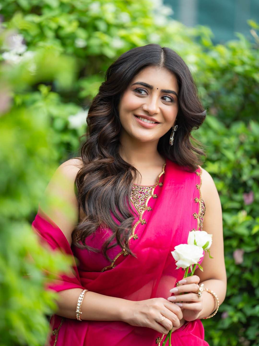 Rashi Singh Holding White Roses Close Up Portrait