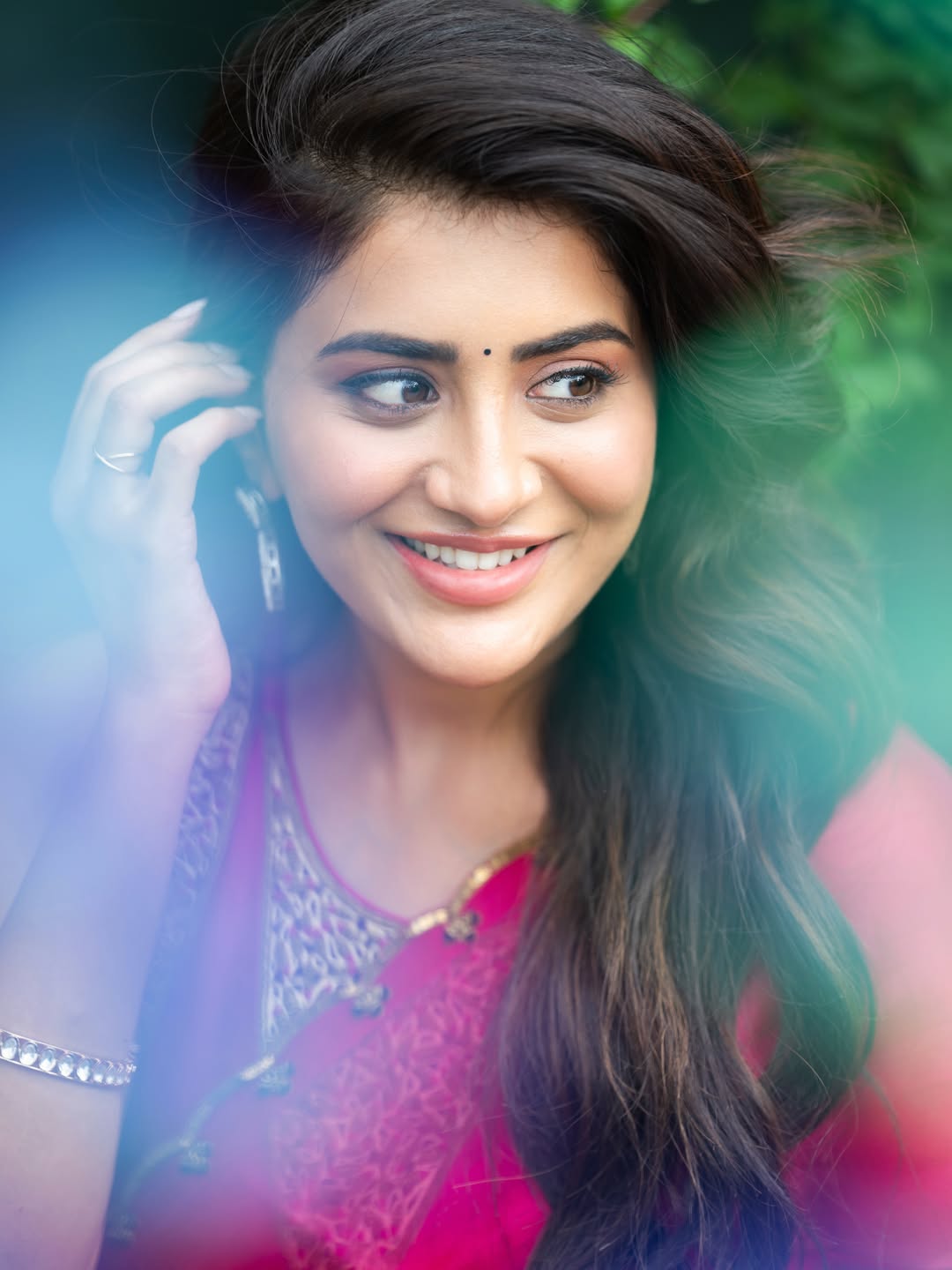 Rashi Singh Candid Smiling Portrait In Pink Saree