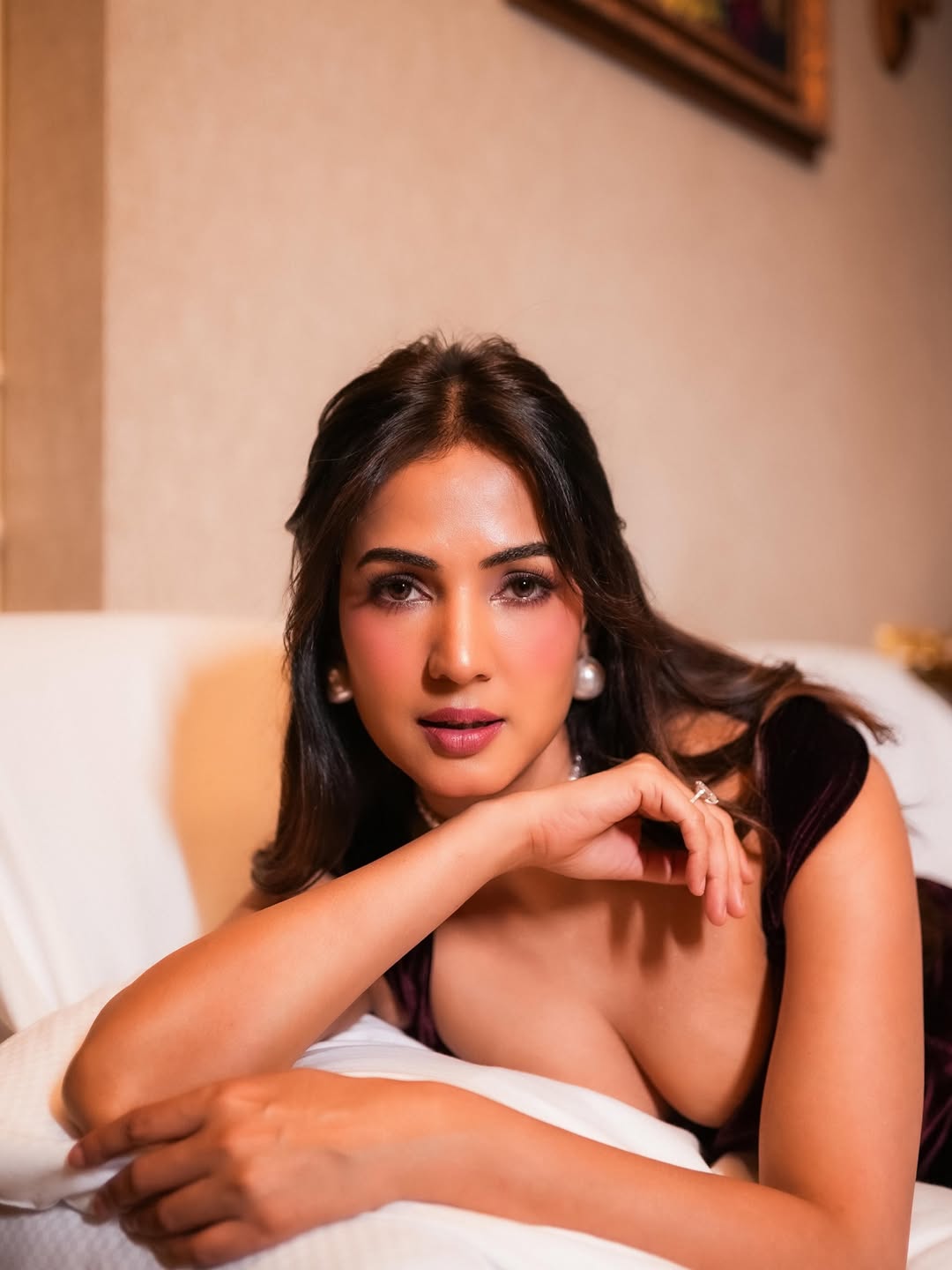Bold Wine Velvet Gown Fit Look On Sonal Chauhan