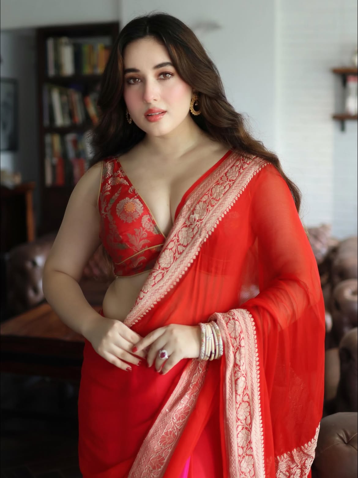 Stylish Red Saree Pose With Statement Accessories