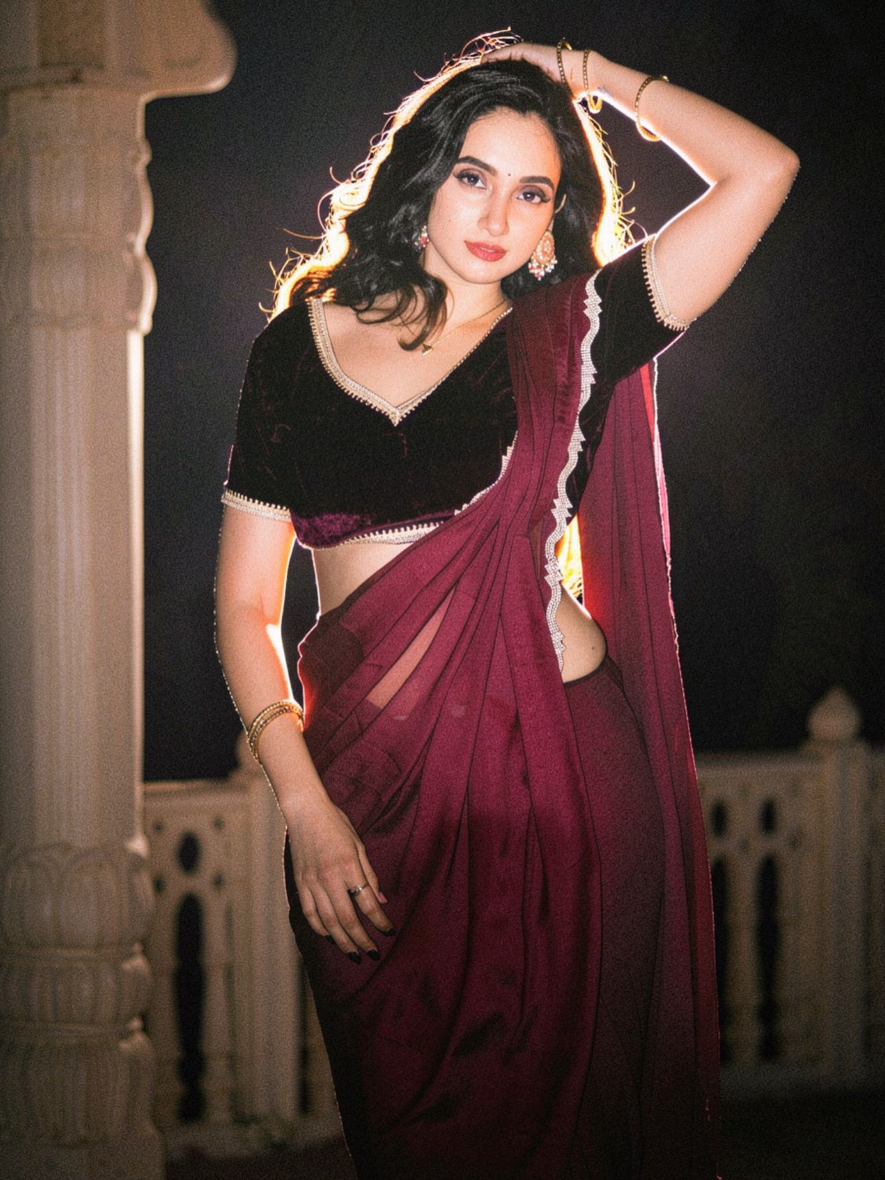 Aparna Reddy Poses In Regal Wine Velvet Saree