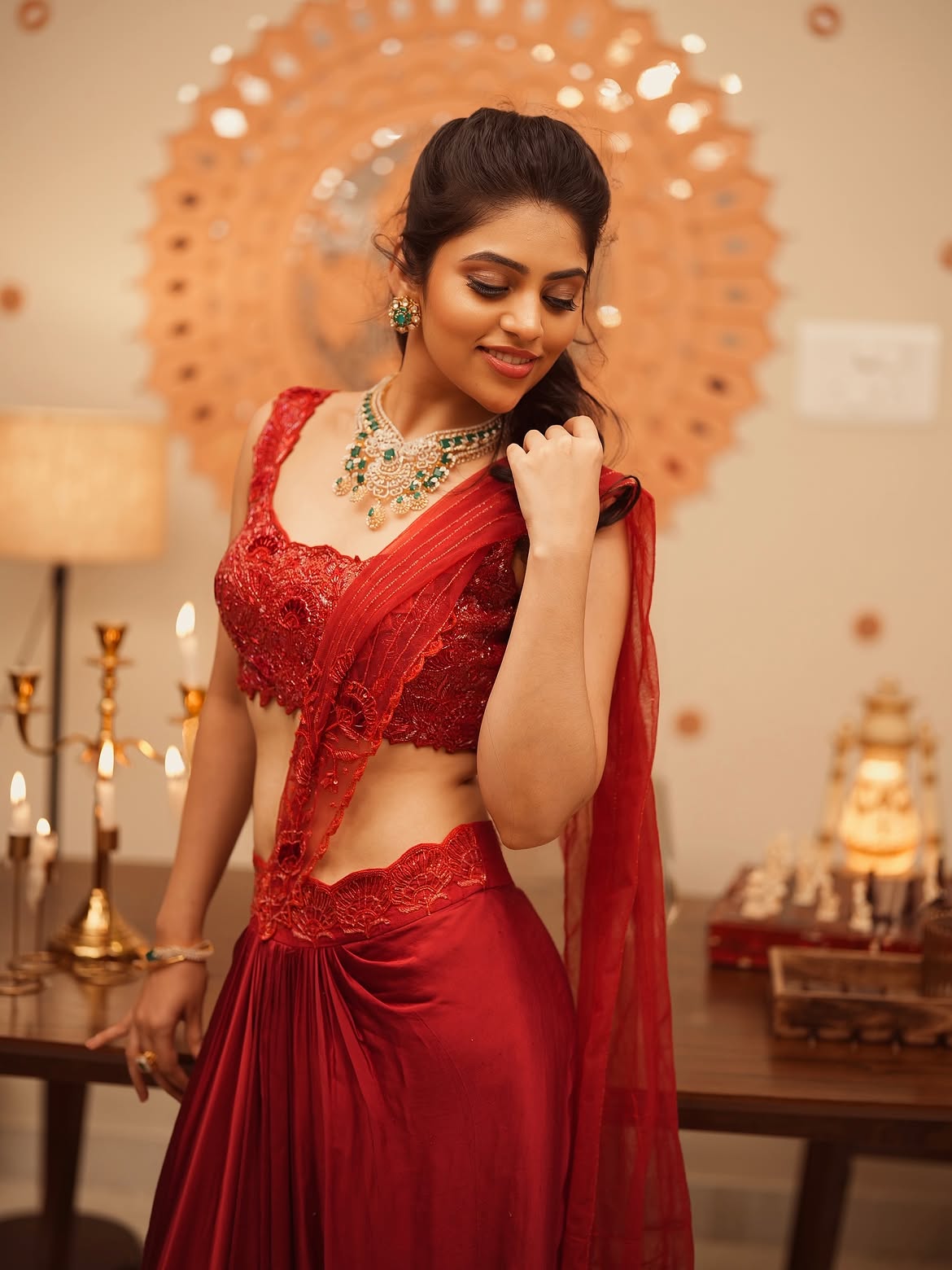 Bandhavi Sridhar Elegant Smile In Red Saree Frame