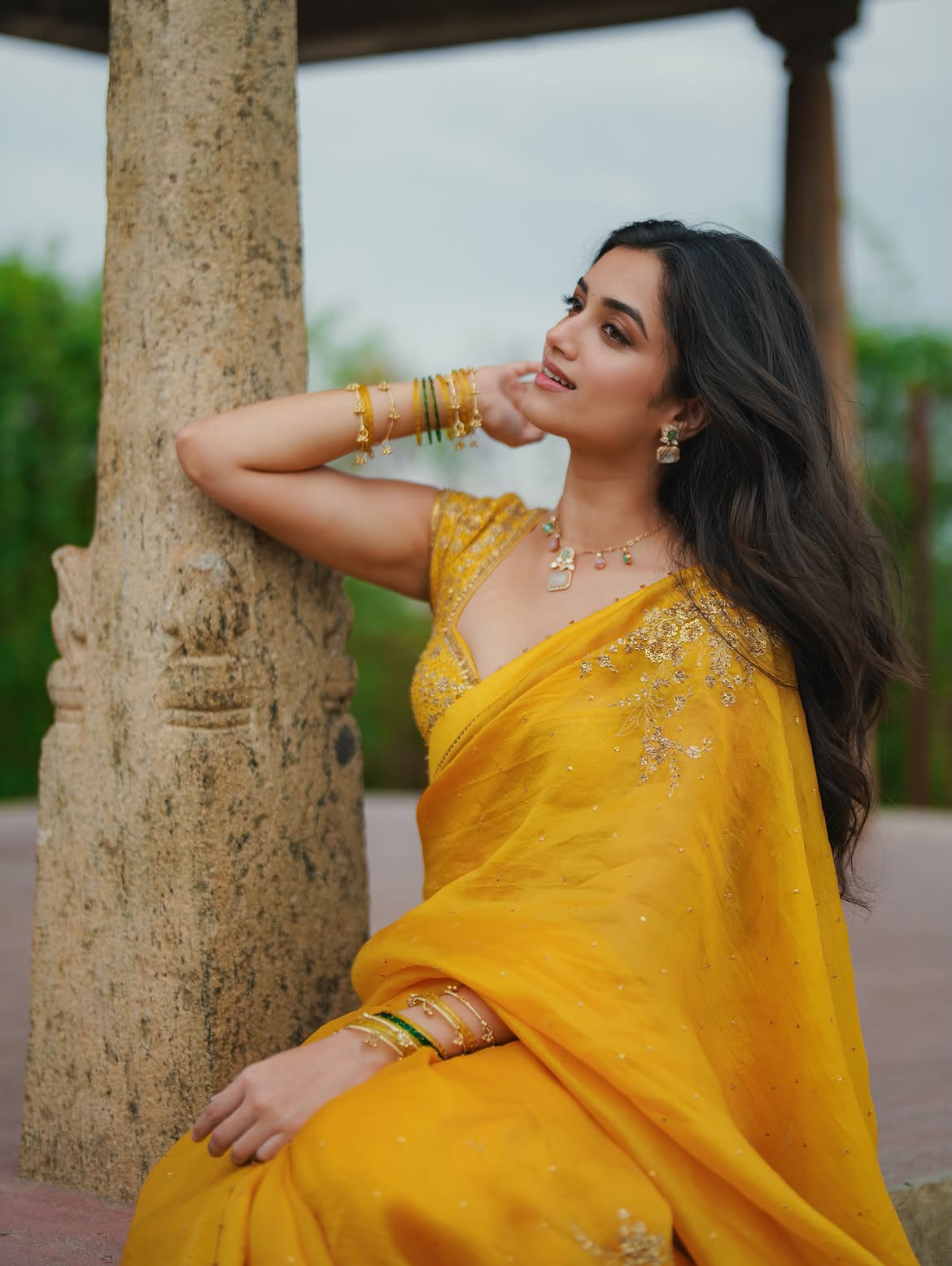 Bhagyashri Borse In Yellow Saree Looking Up