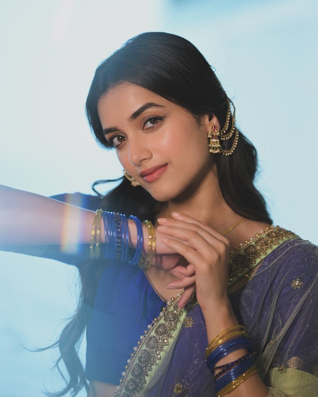 Bhagyashri Borse Showing Stacked Blue Bangles