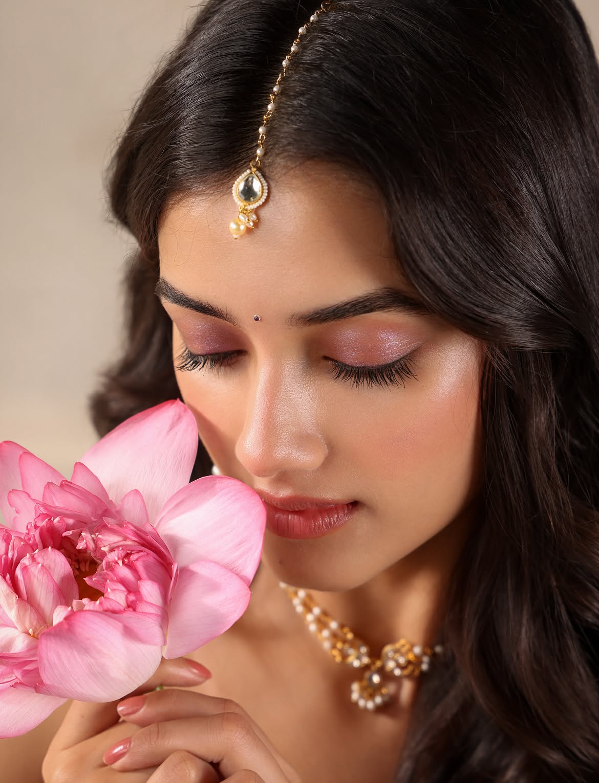 Bhagyashri Borse Holding Fresh Pink Lotus Petal