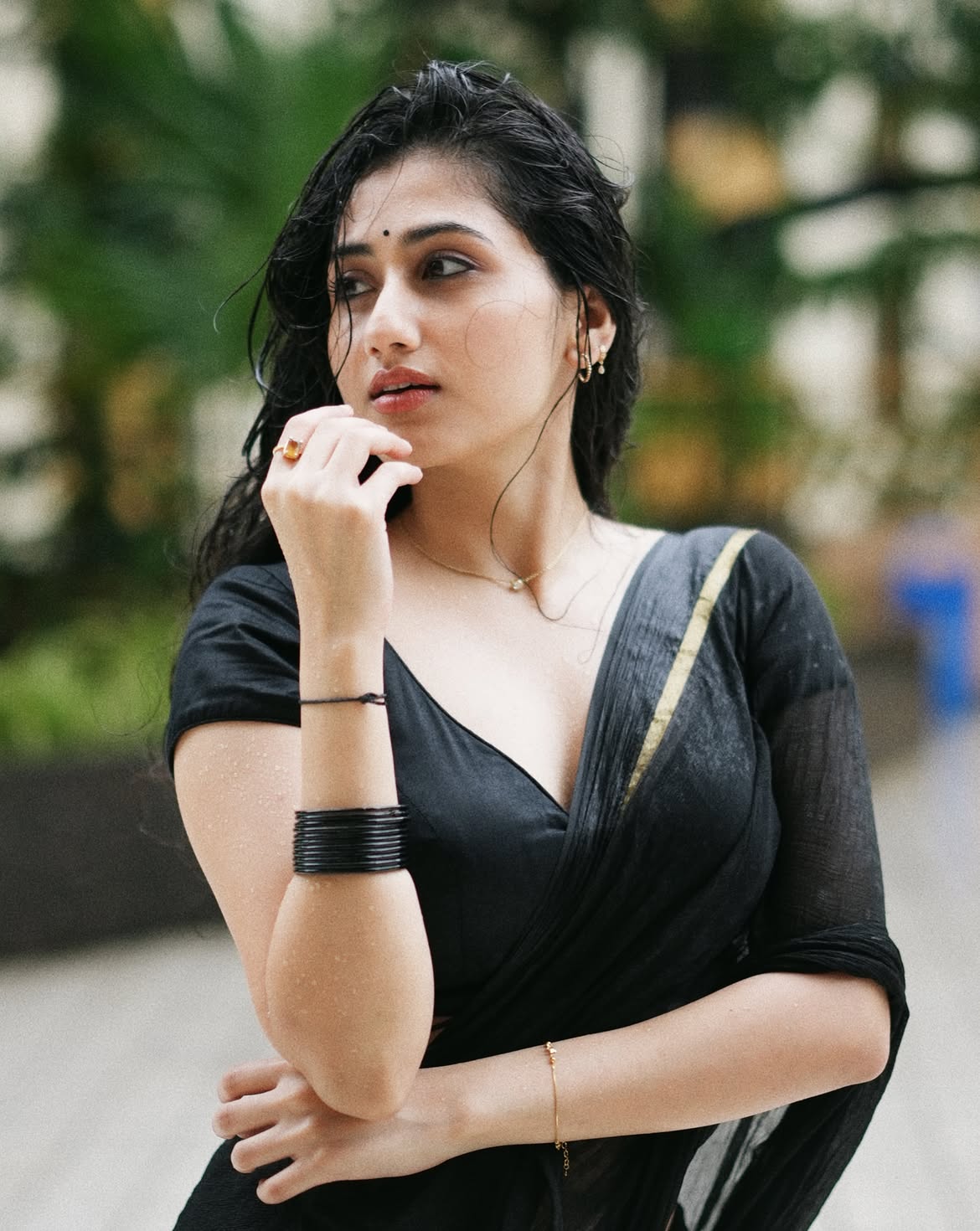 Mazel Vyas Pensive Stare In Black Ethnic Outfit
