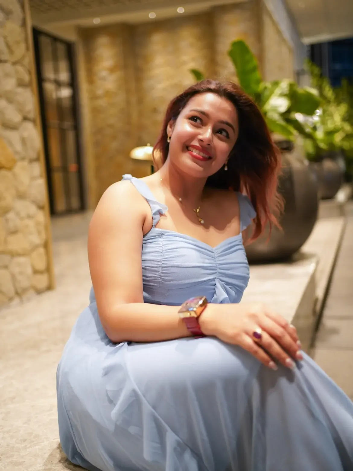 Mokksha Smiles In Elegant Blue Evening Dress Look