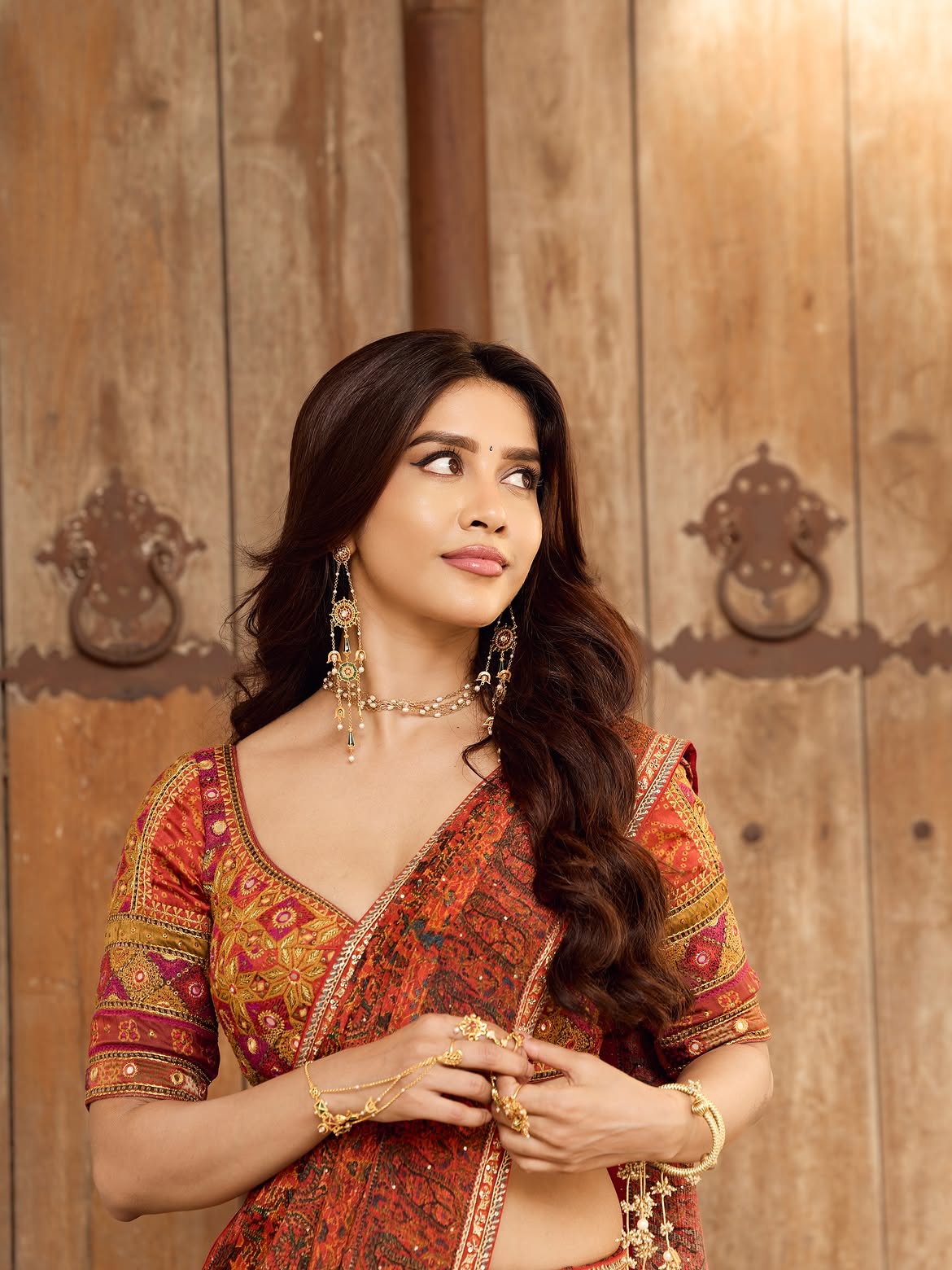 Nabha Natesh Posing Near Antique Wooden Doorway