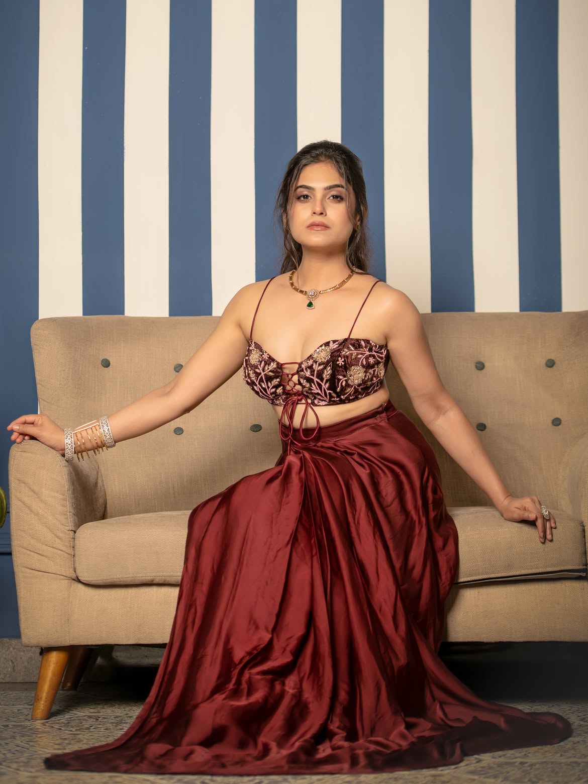Naina Ganguly Posing In Wine Velvet Corset Top