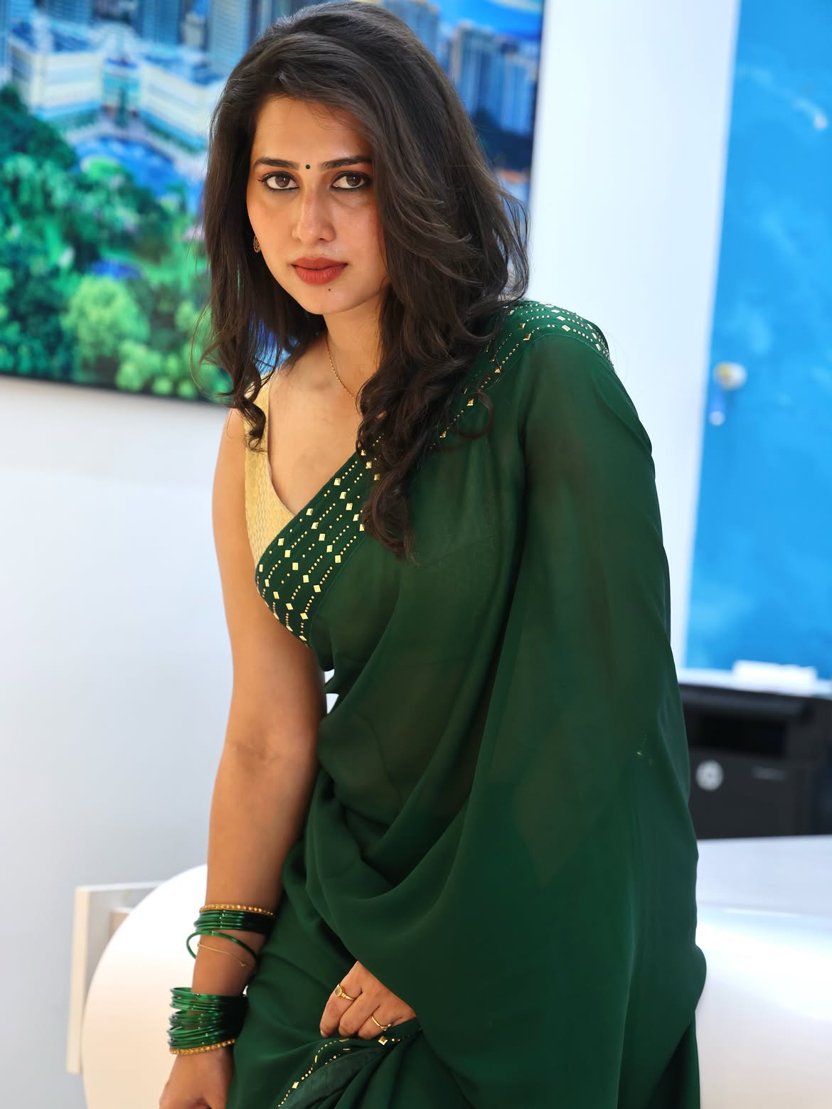 Priya Hegde Showing Backless Golden Blouse Design