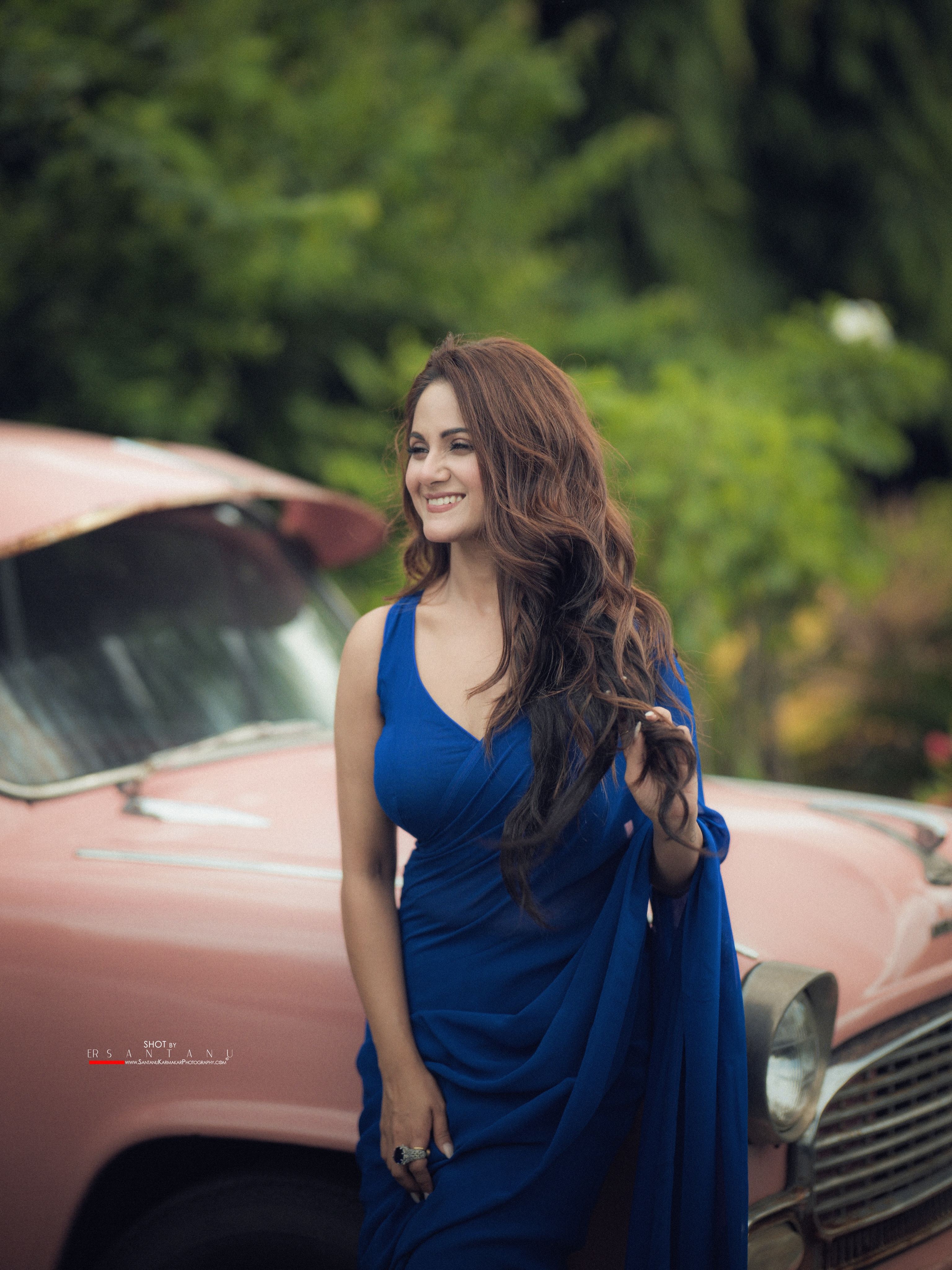 Trina Saha Poses In Royal Blue Saree By Vintage