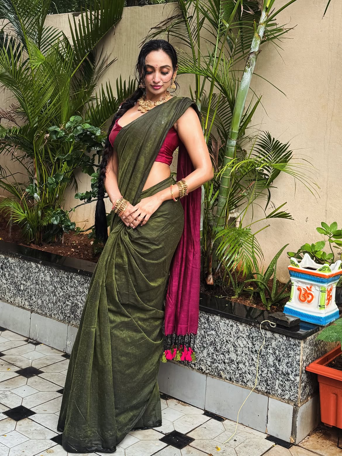 Aparna Reddy In Olive Saree Garden Pose Style