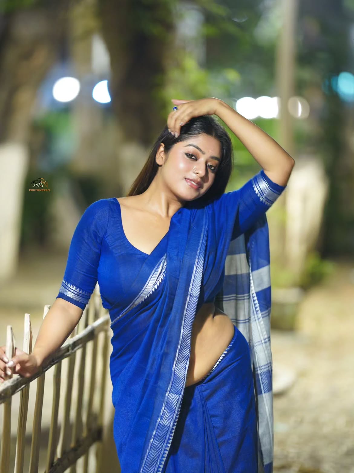 Bipasha Debnath Beautiful Blue Saree Glam Closeup