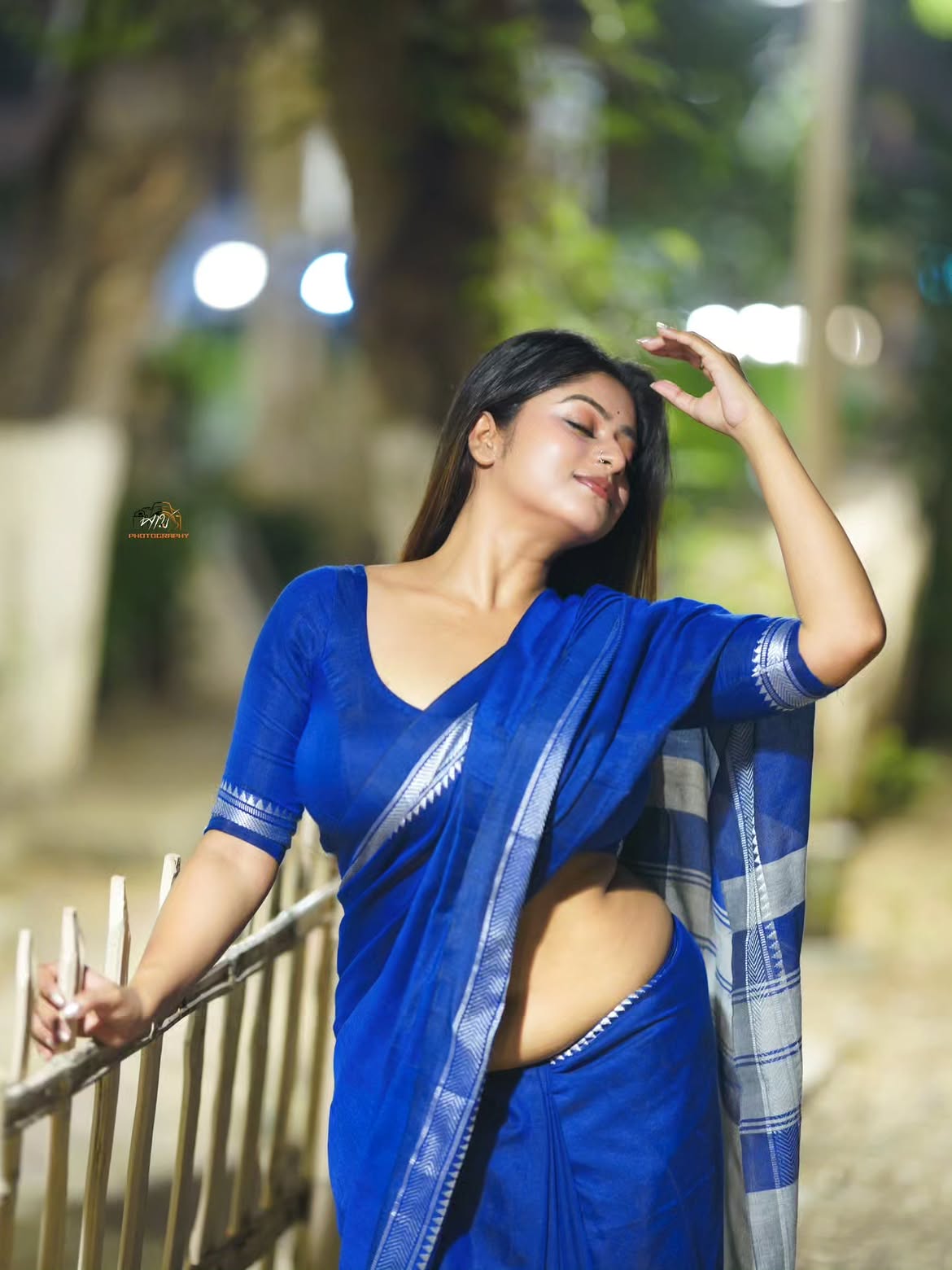 Bipasha Debnath In Royal Blue Saree Night Portrait