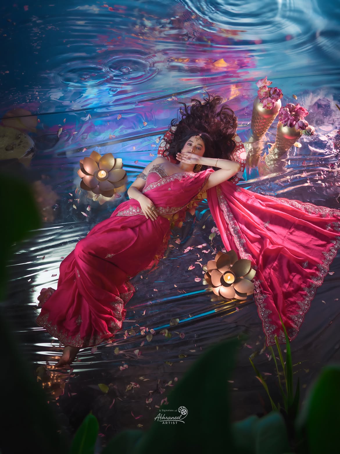 Darshana Banik In Pink Saree By Lotus Pond View