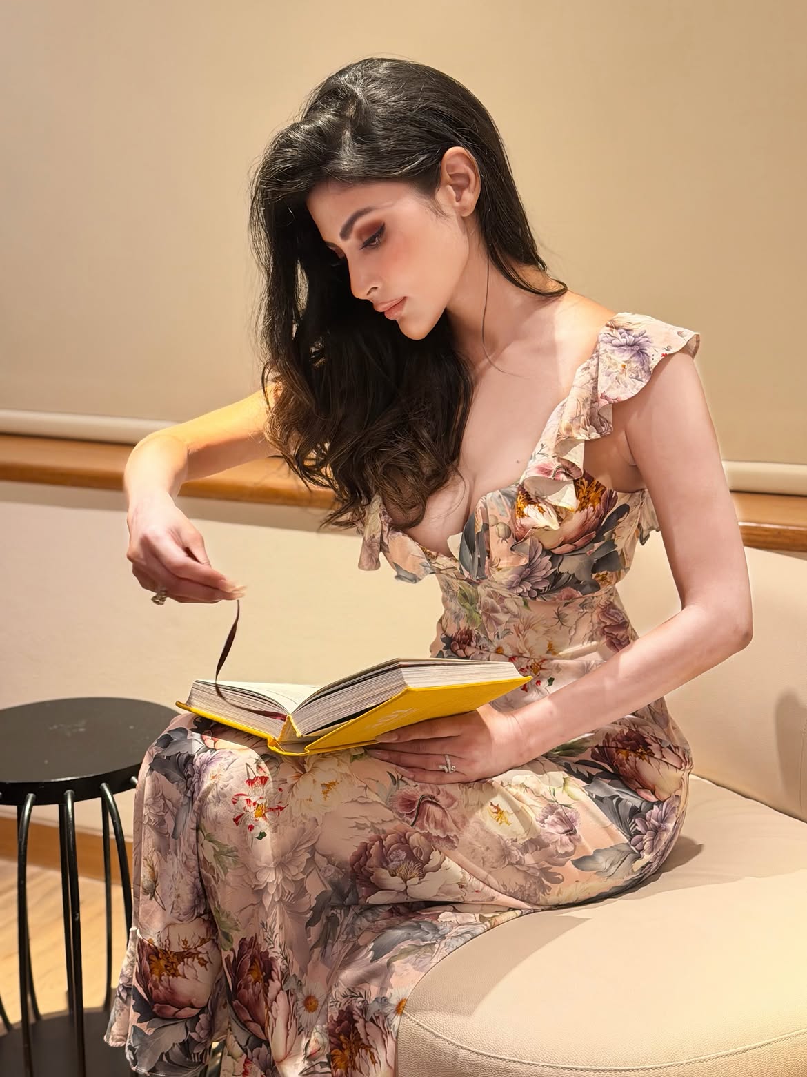 Mouni Roy Reading Book In Floral Dress Style