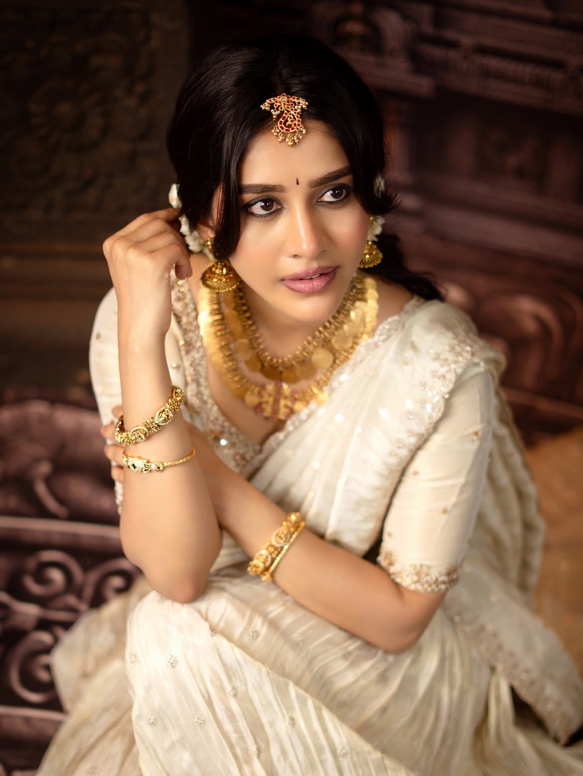 Nabha Natesh In An Ivory Saree With Gold Glamour