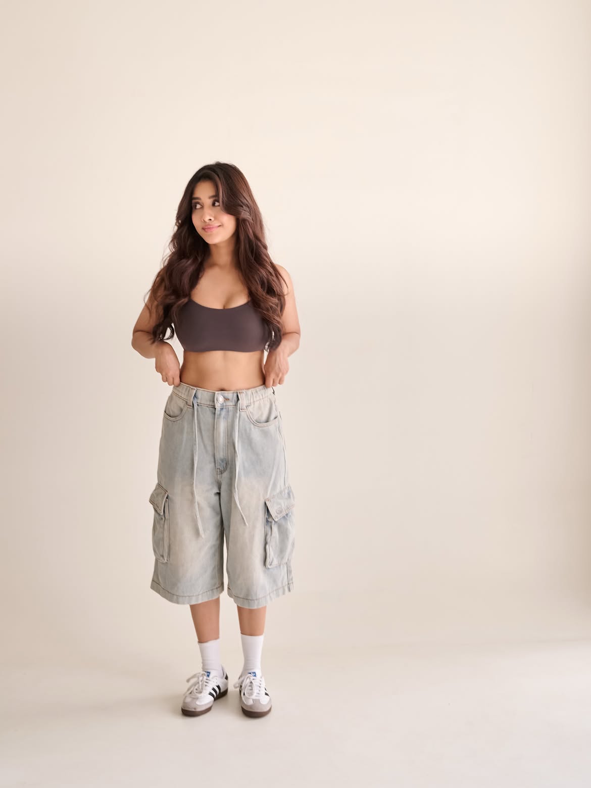 Nabha Natesh Poses In Relaxed Denim Cargo Shorts