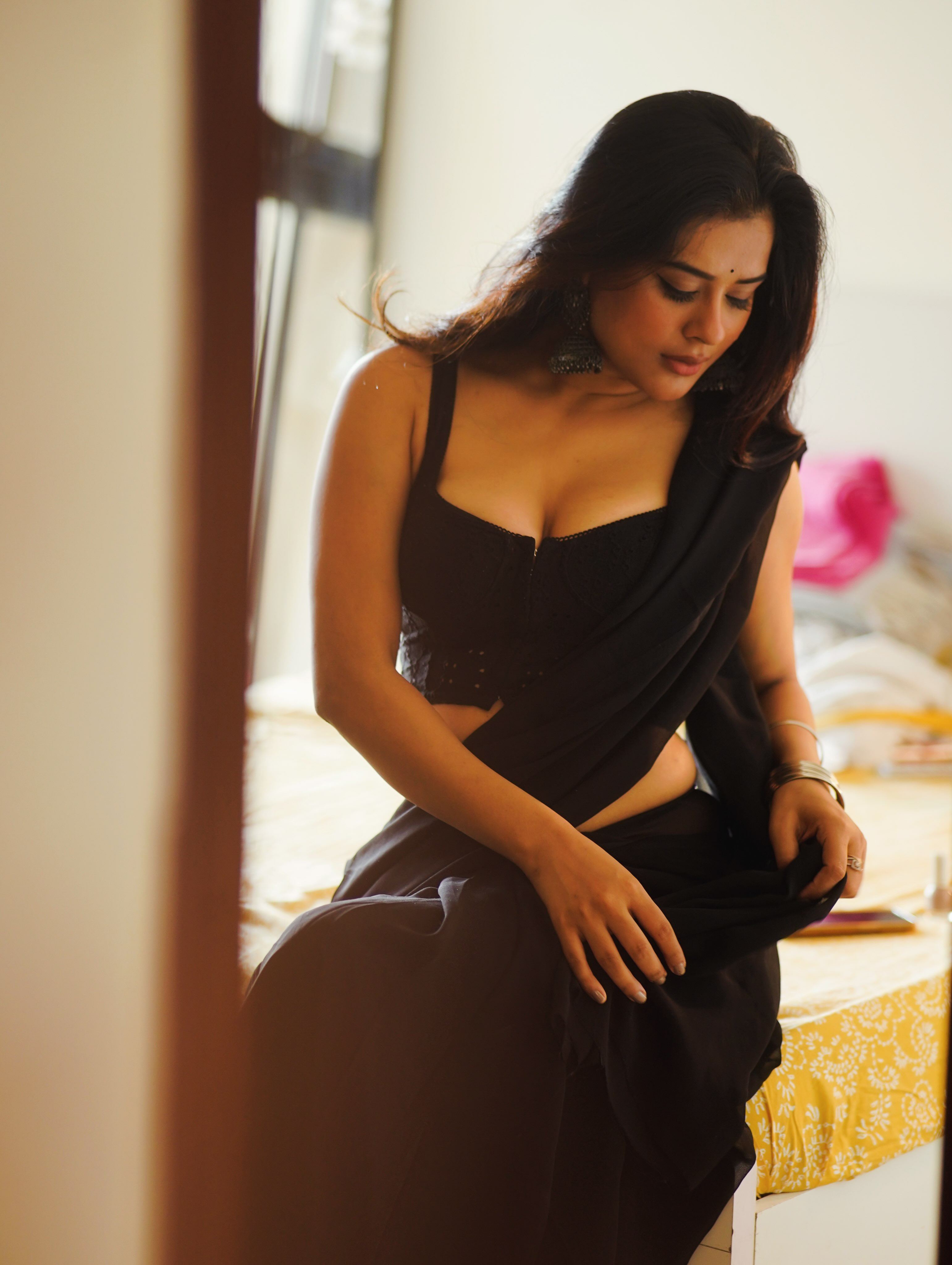 Nidhi Dudhraj Classic Black Saree Indoor Portrait