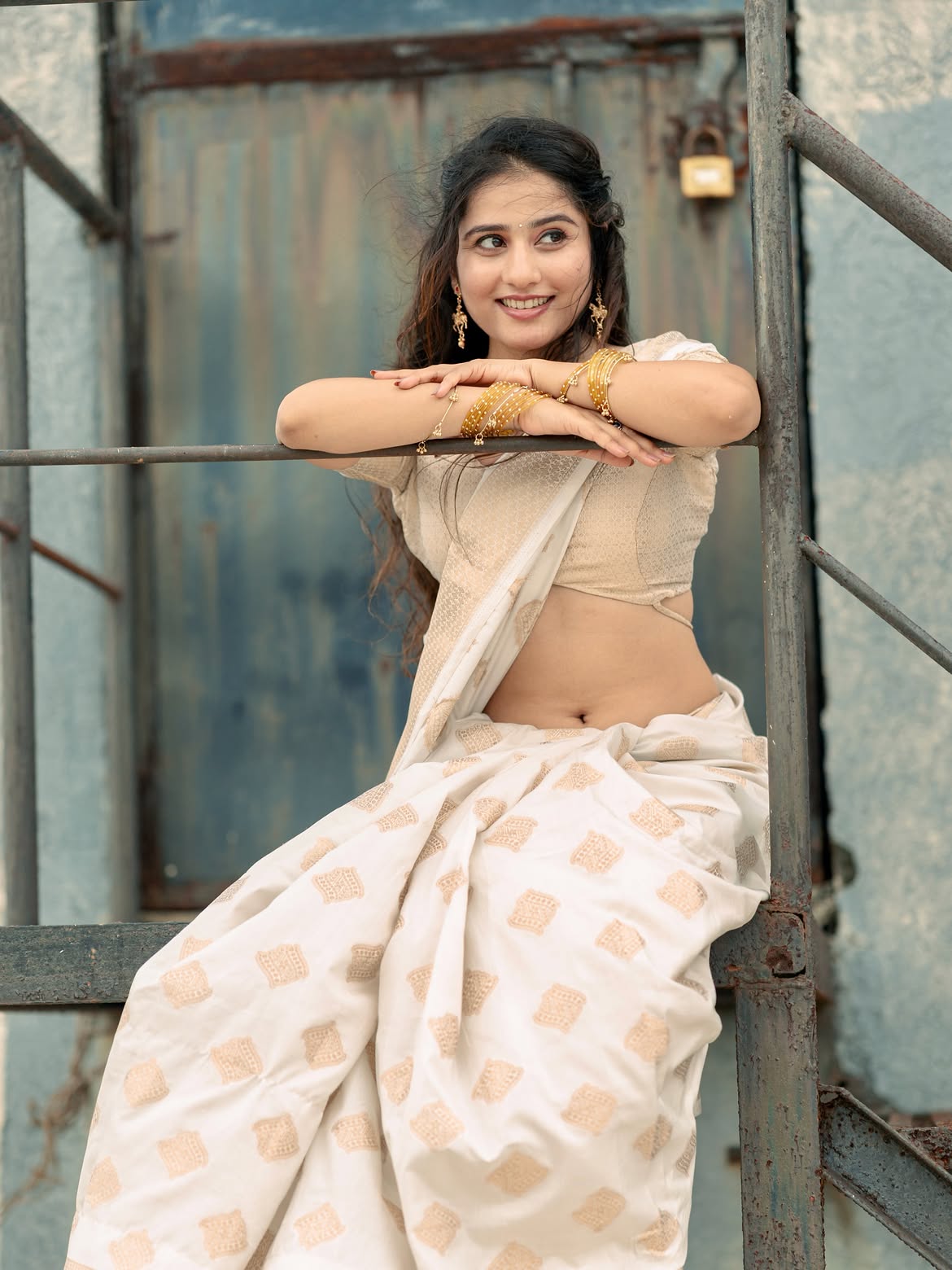 Payal Gupta Smiles In Elegant Ivory Saree Portrait
