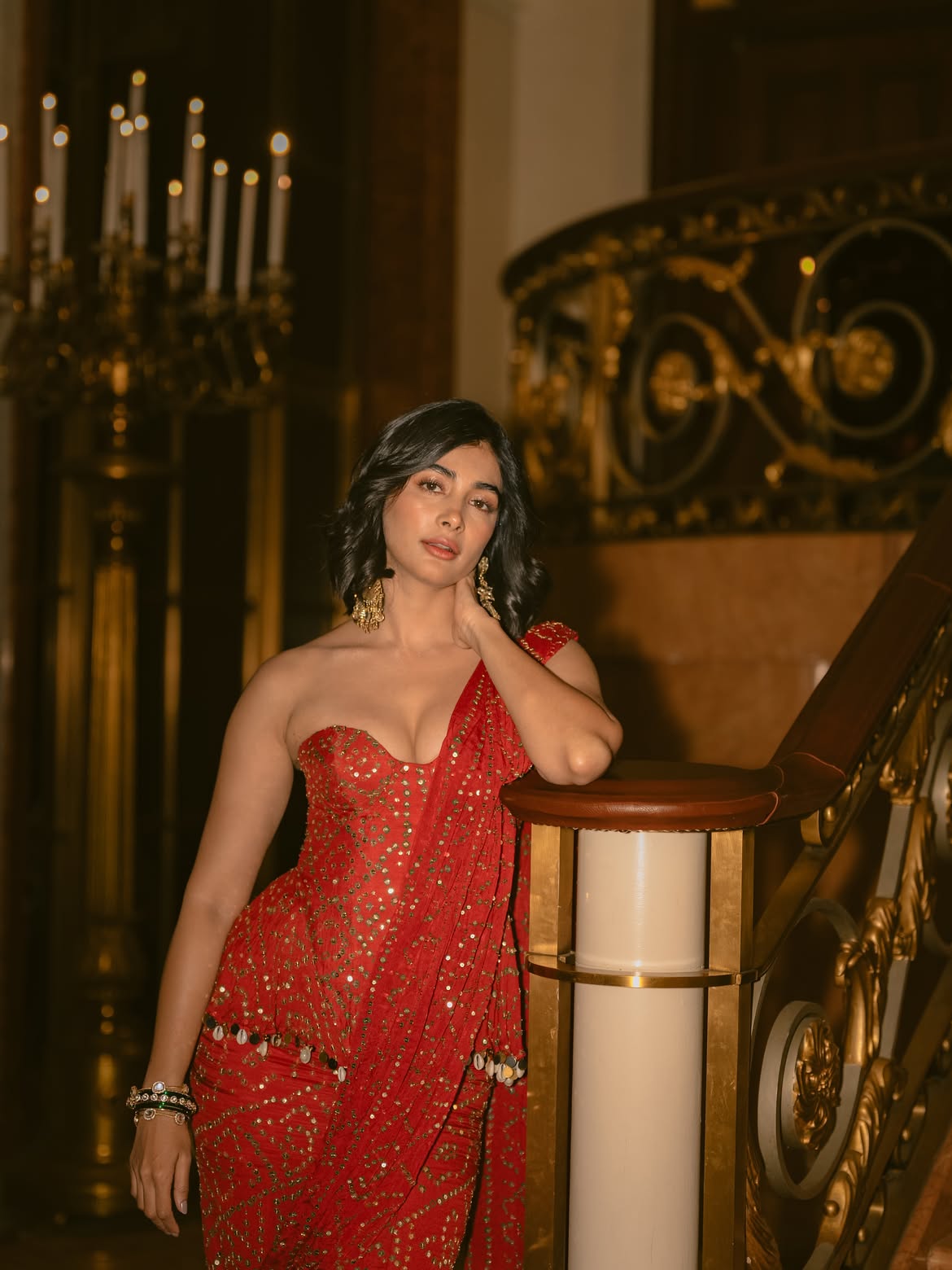 Pooja Hegde In Glittering Red Saree Glam Pose Now