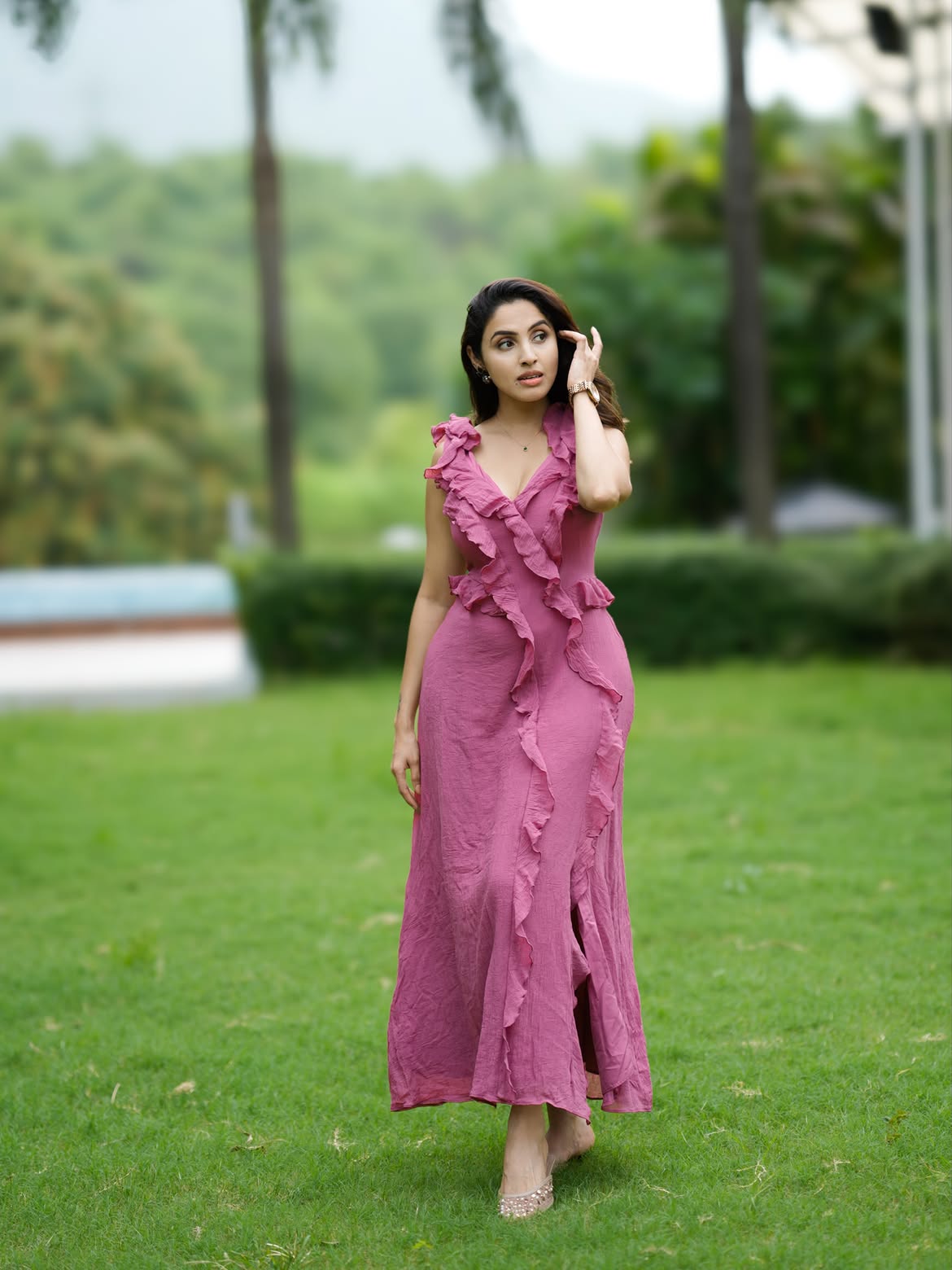 Elegant Garden Pose In Pink Ruffle Maxi Dress Look