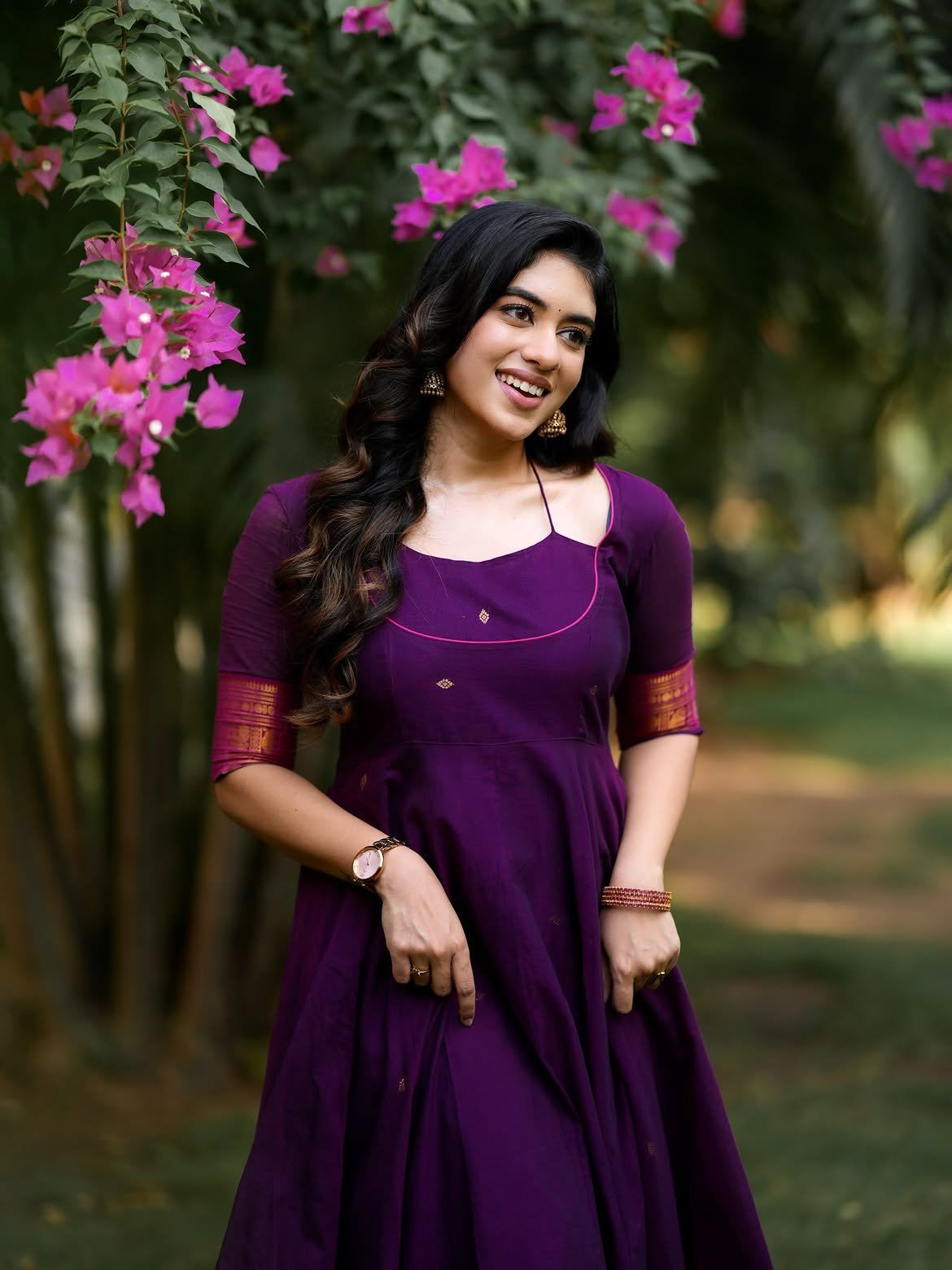 Ramya Ranganathan Purple Anarkali With Wavy Hair