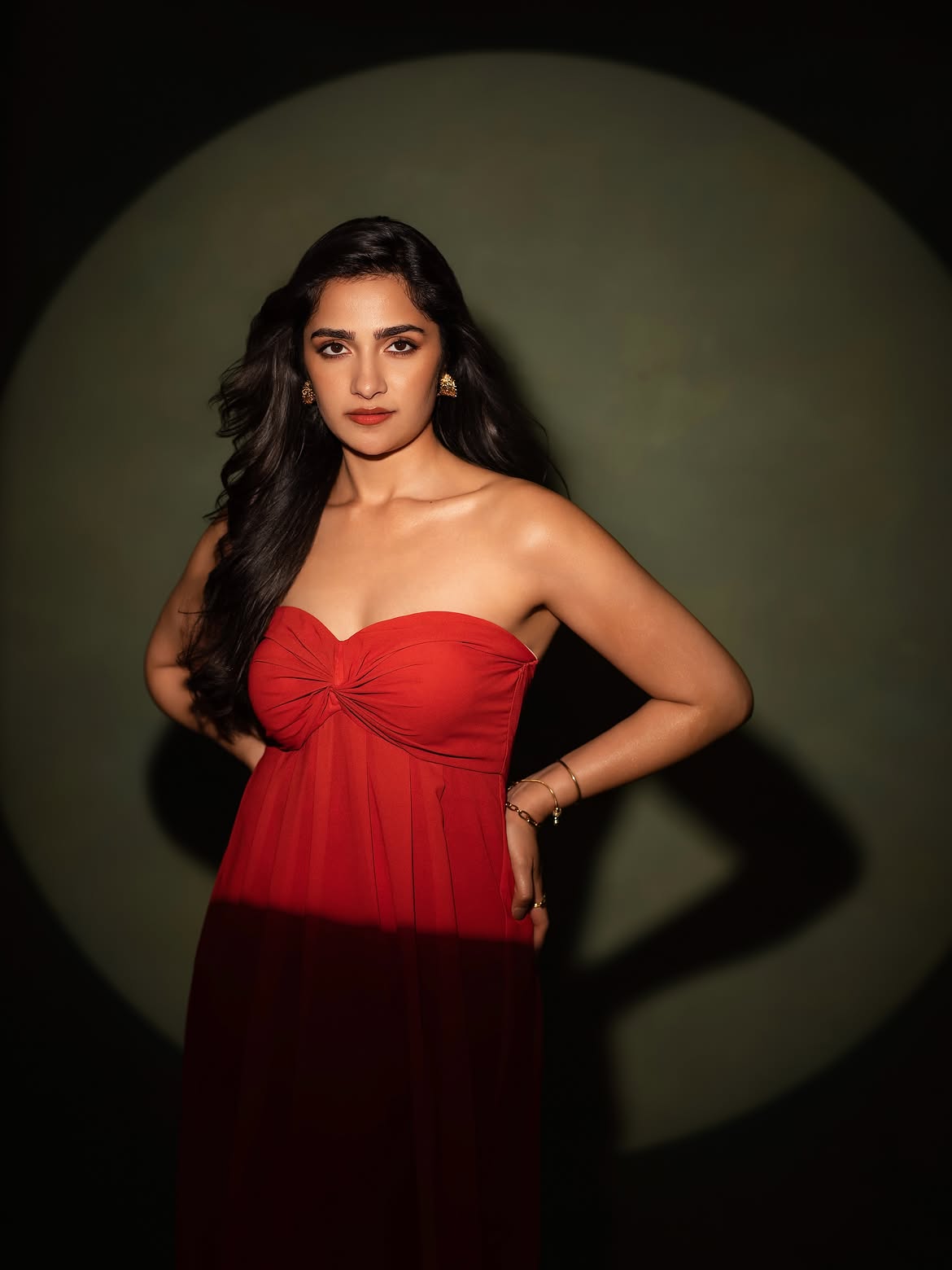 Rukmini Vasanth Bold Studio Portrait In Red Dress