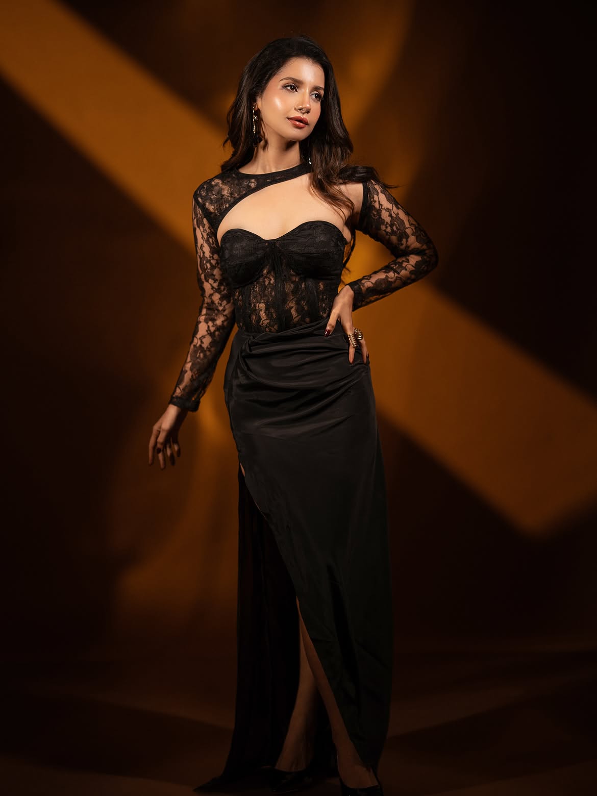 Angana Roy In Bold Black Lace Corset Outfit Look