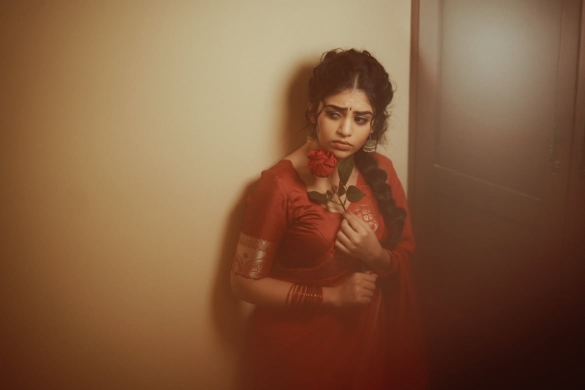 Bandhavi Sridhar Holds A Rose In Her Red Saree