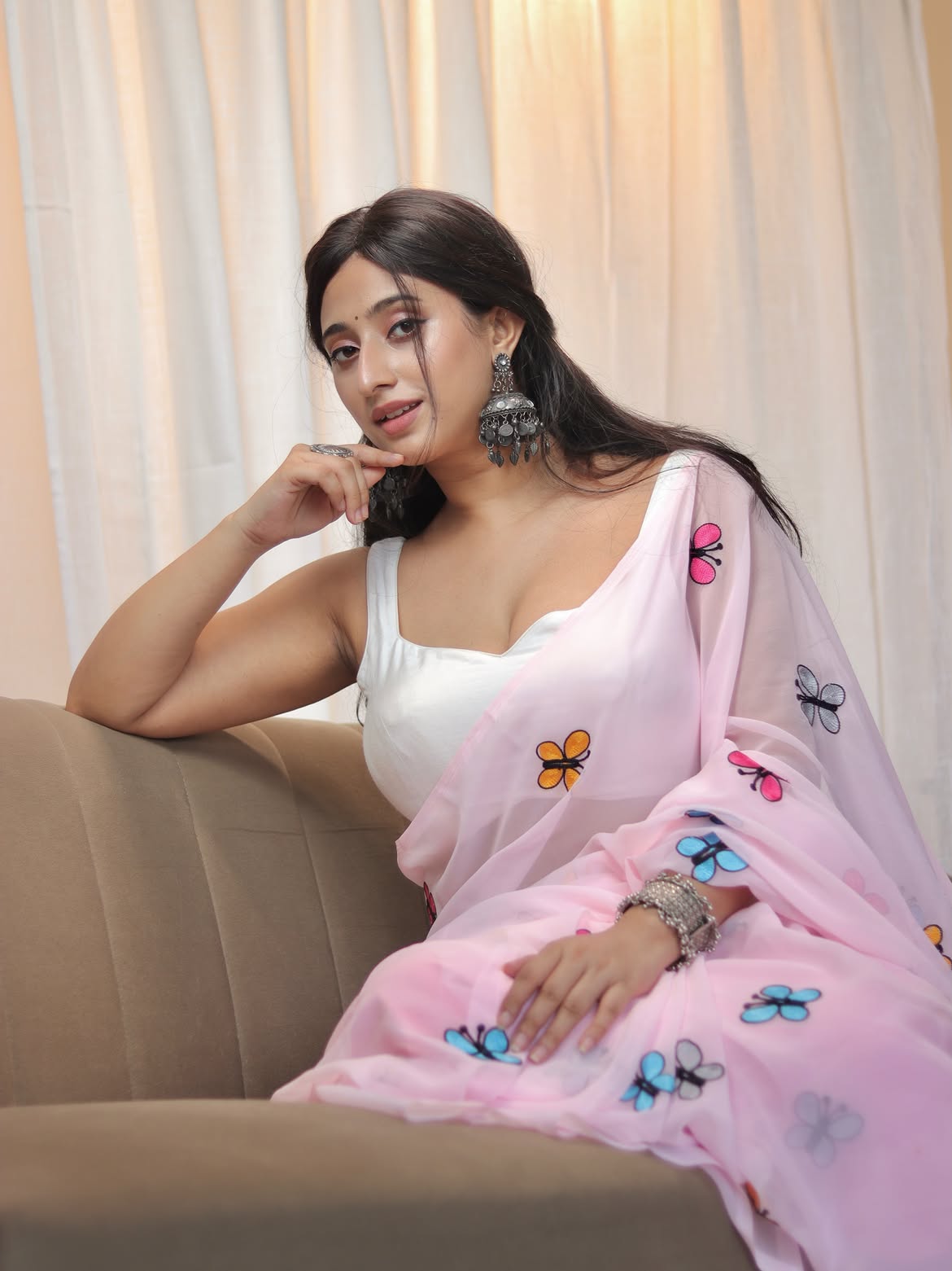 Kheyali Nath In A Soft Pink Butterfly Saree Look