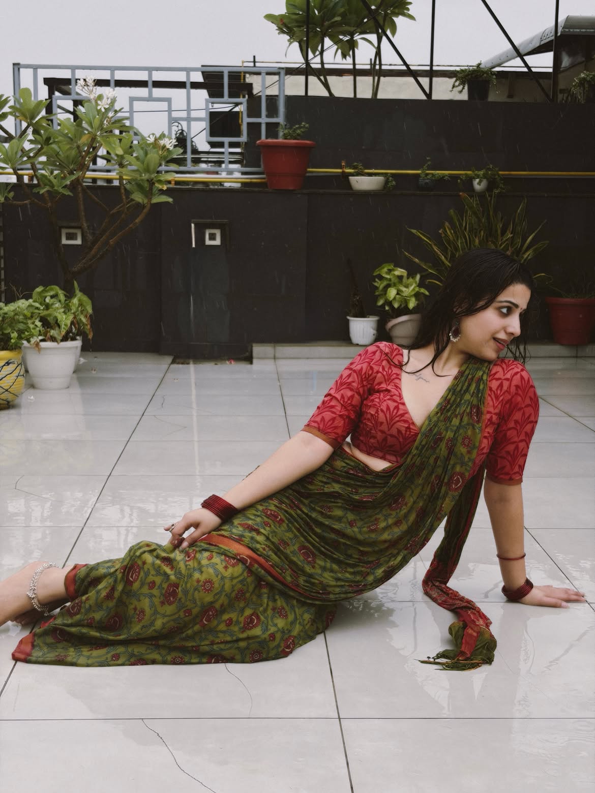 Mahi Gaur Lounging On Wet Terrace Floor In Style