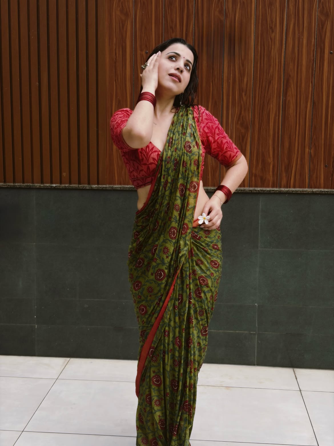 Mahi Gaur Flaunting A Red Printed Blouse In Rain