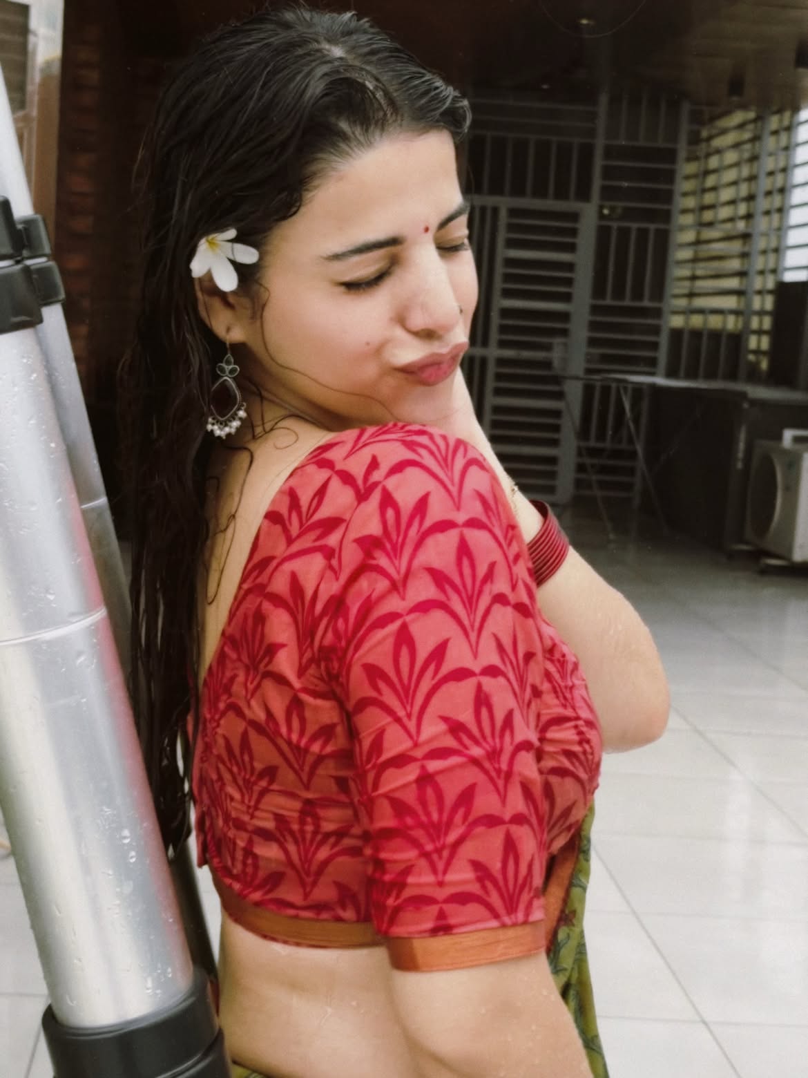 Mahi Gaur Posing In Wet Green Floral Print Saree