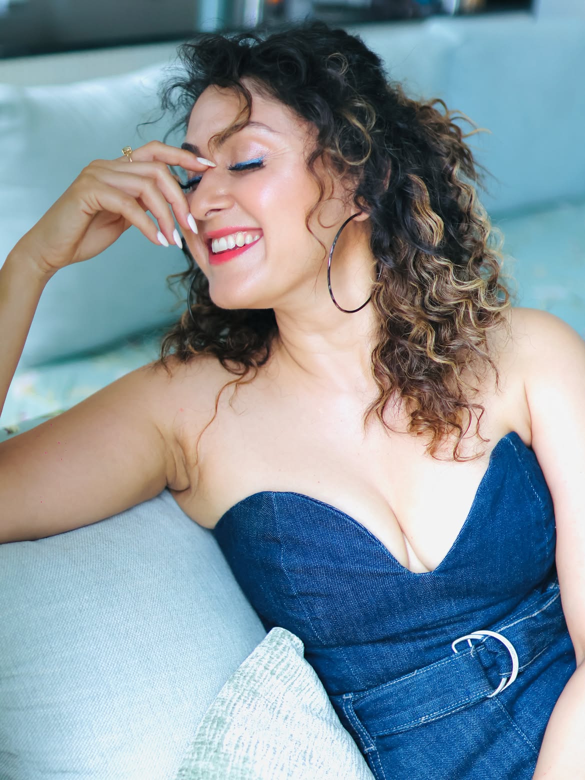 Manjari Fadnnis In Strapless Denim Belted Dress