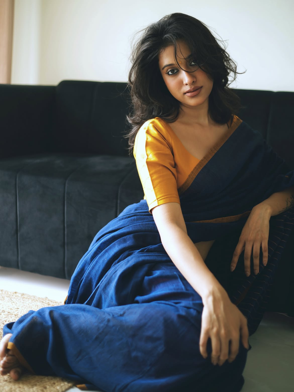 Nimrit Kaur In Deep Blue Saree On Jute Rug Floor