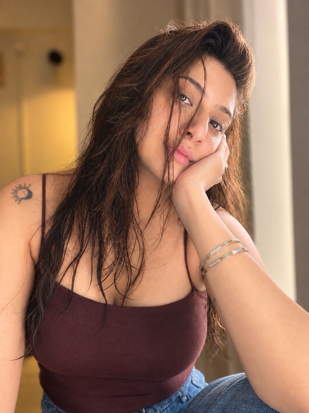 Swikriti Majumder In Sultry Maroon Camisole Fits