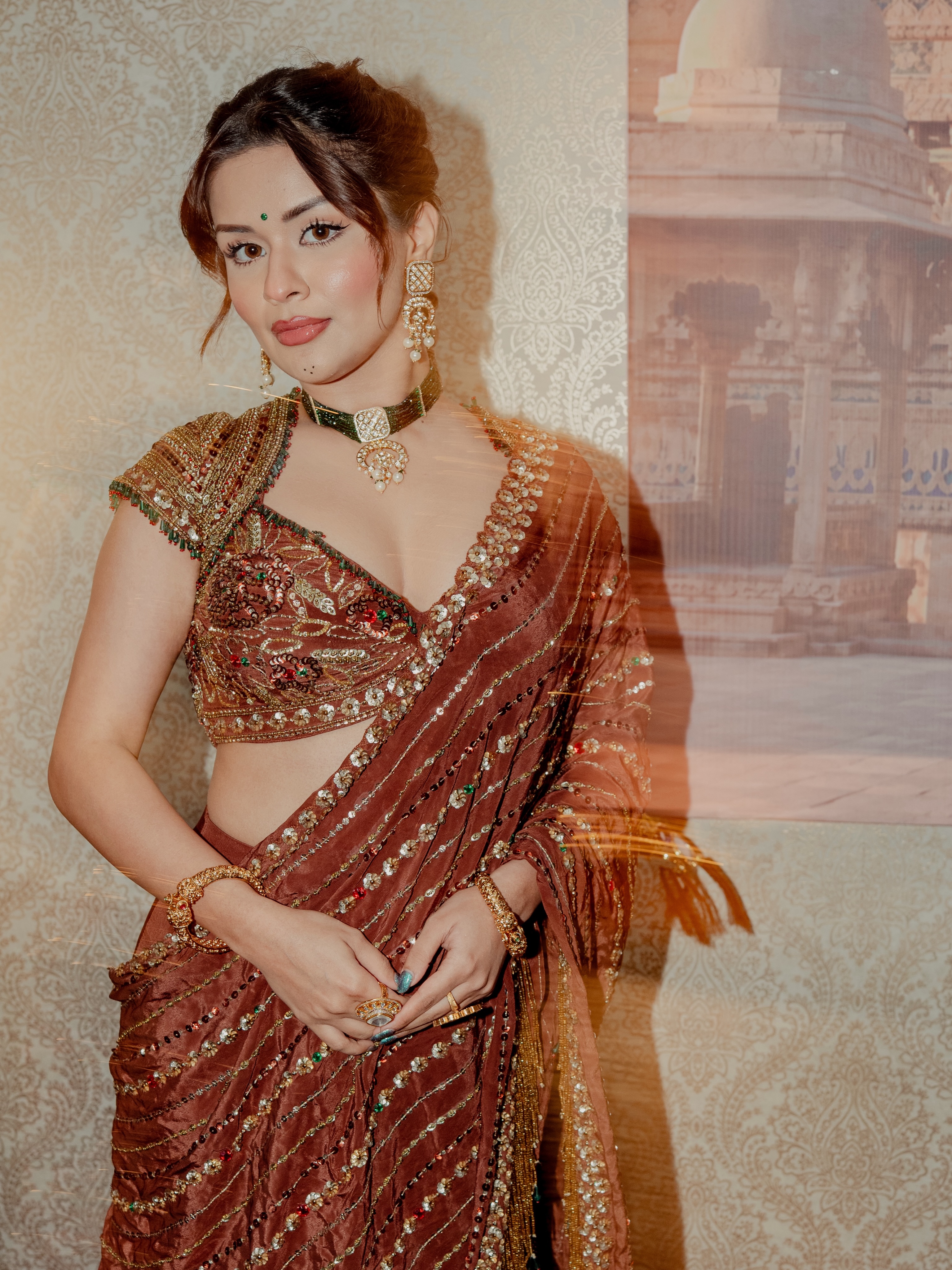 Avneet Kaur In Brown Sequinned Saree Pose Chic