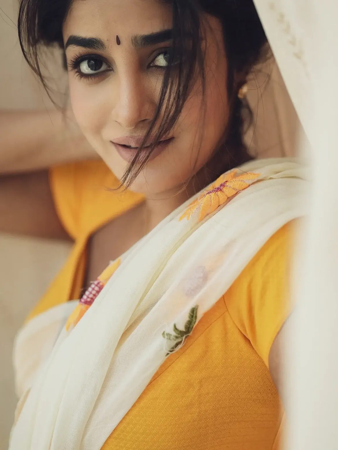 Close Up Portrait With Bold Eyes And Saree Gleam
