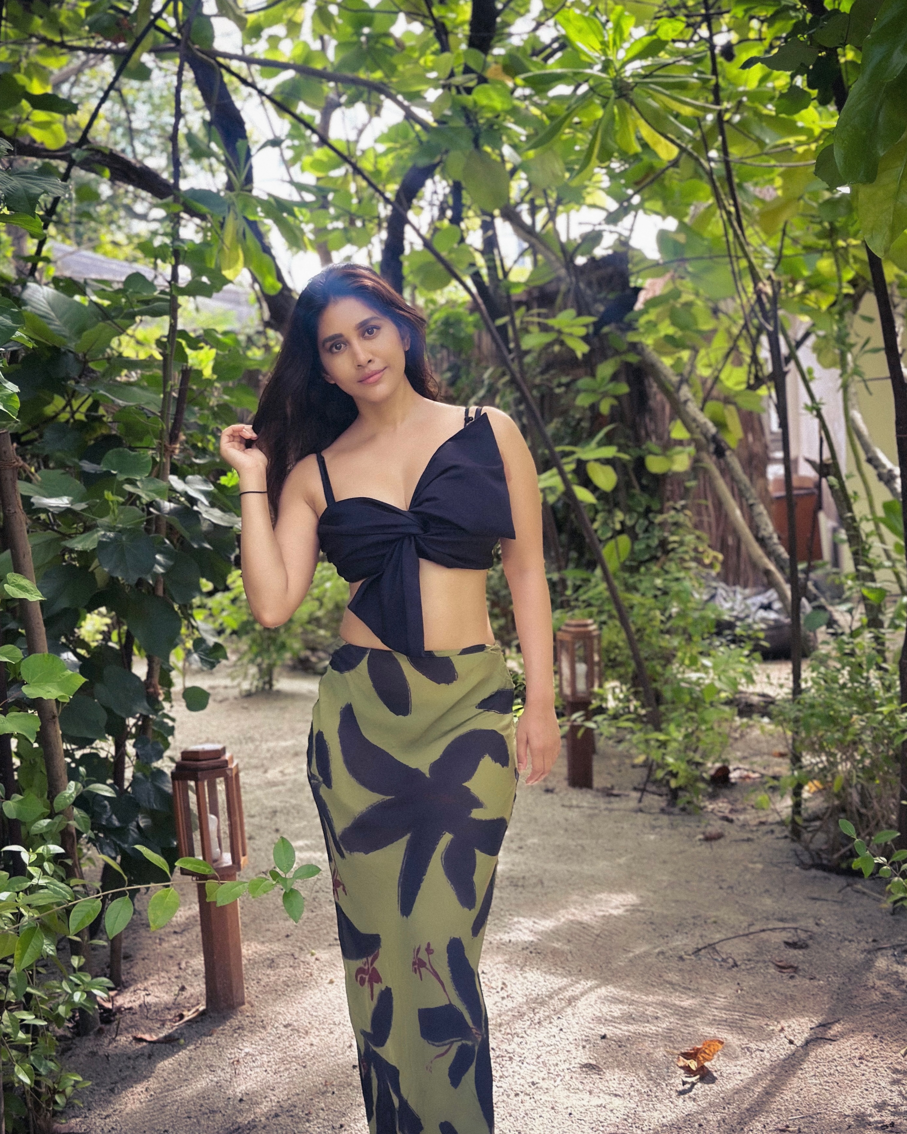 Nabha Natesh Shows A Printed Skirt In Olive Mood