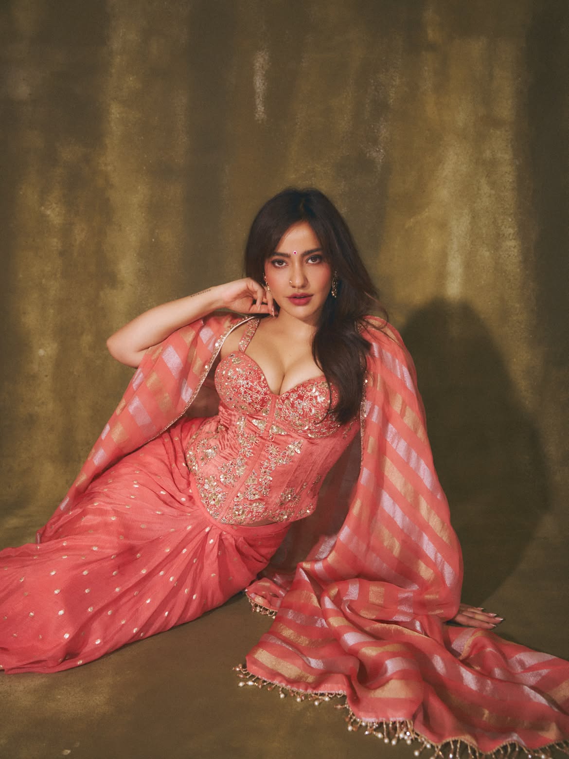 Neha Sharma Drapes A Striped Coral Pink Dupatta!