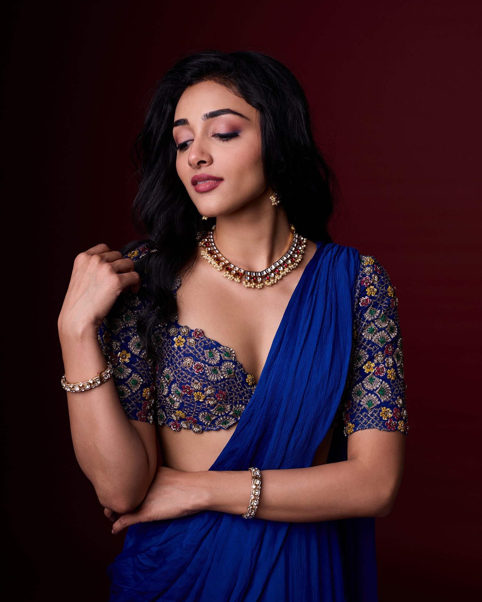 Preity Mukhundhan In A Royal Blue Saree Ensemble