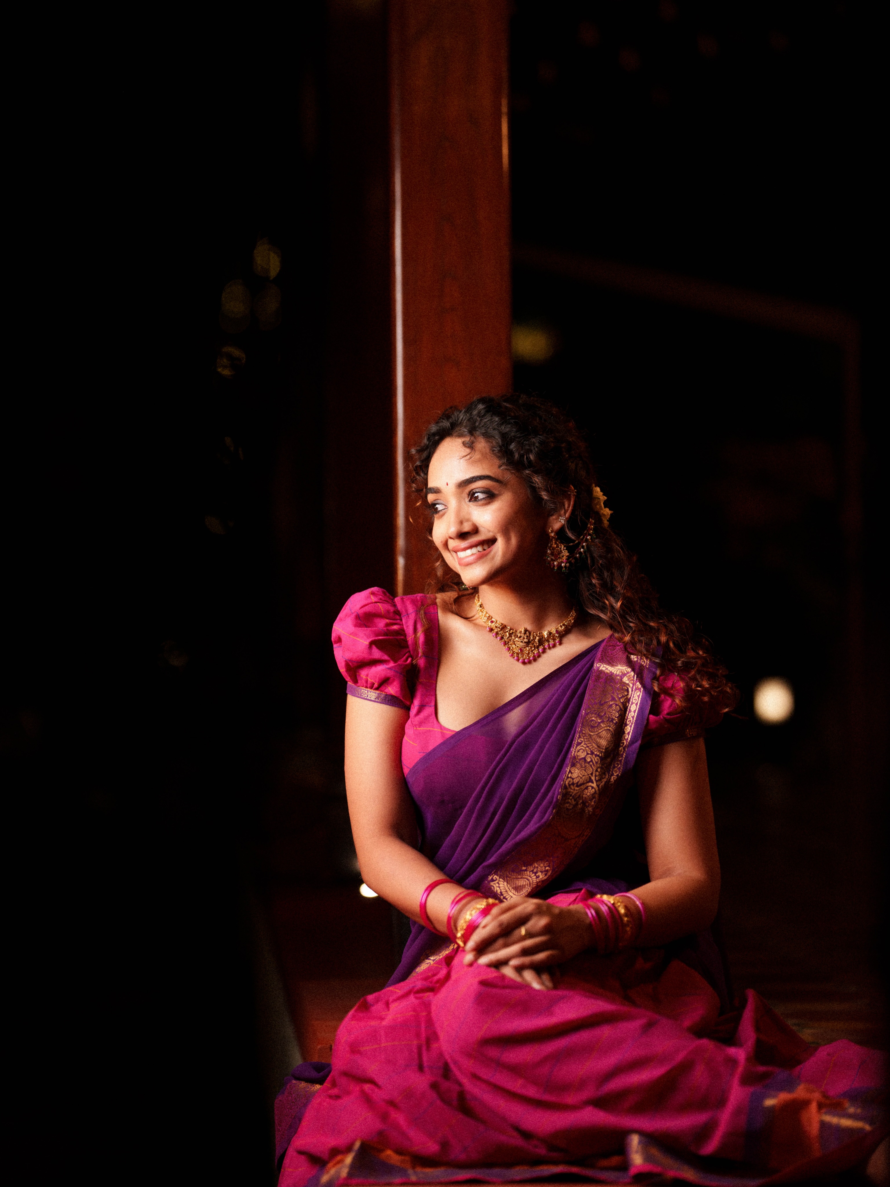 Saanve Megghana Beaming In Purple And Pink Saree