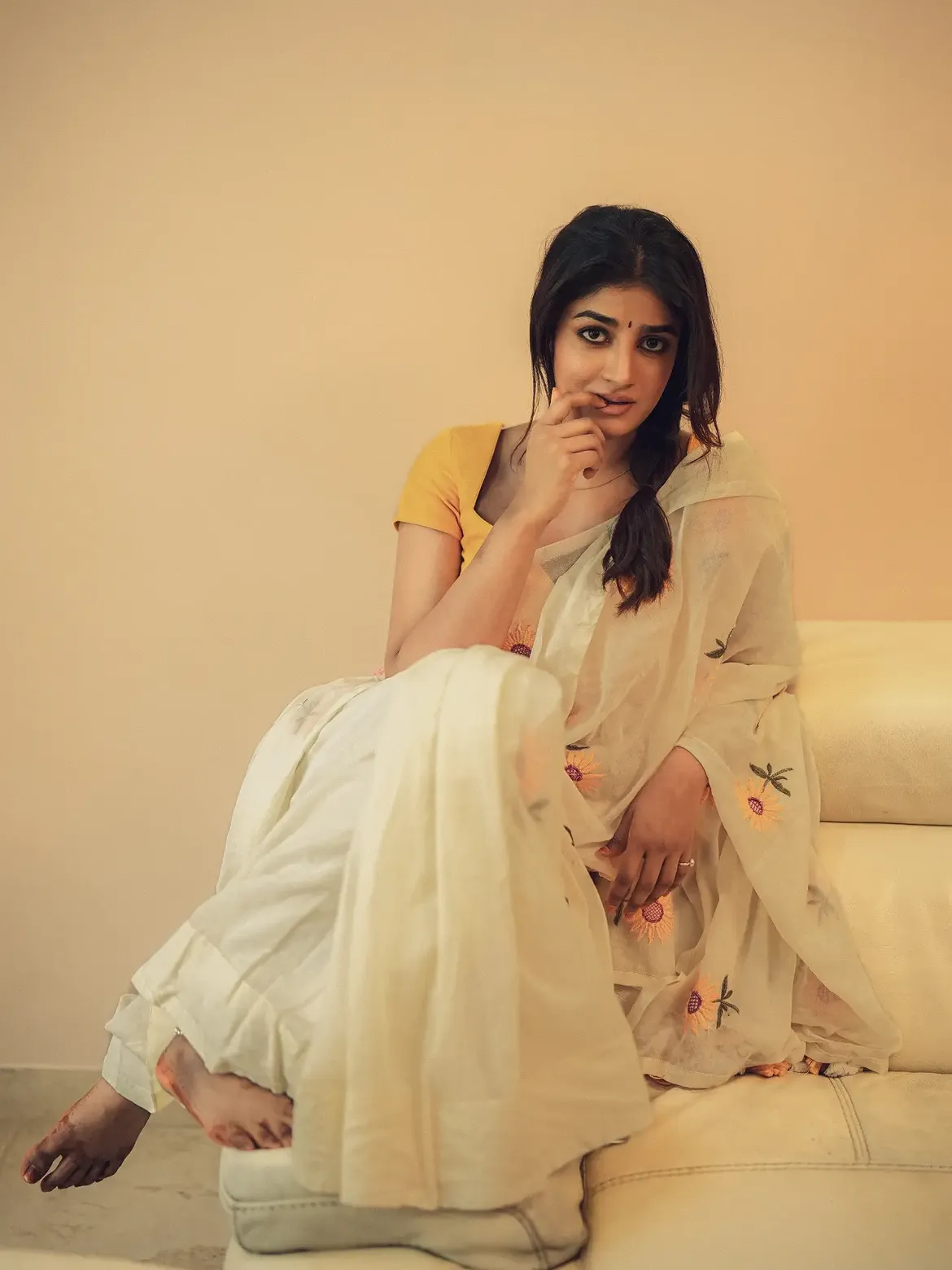 Sunny Smile Through Curtain In Breezy Saree Look