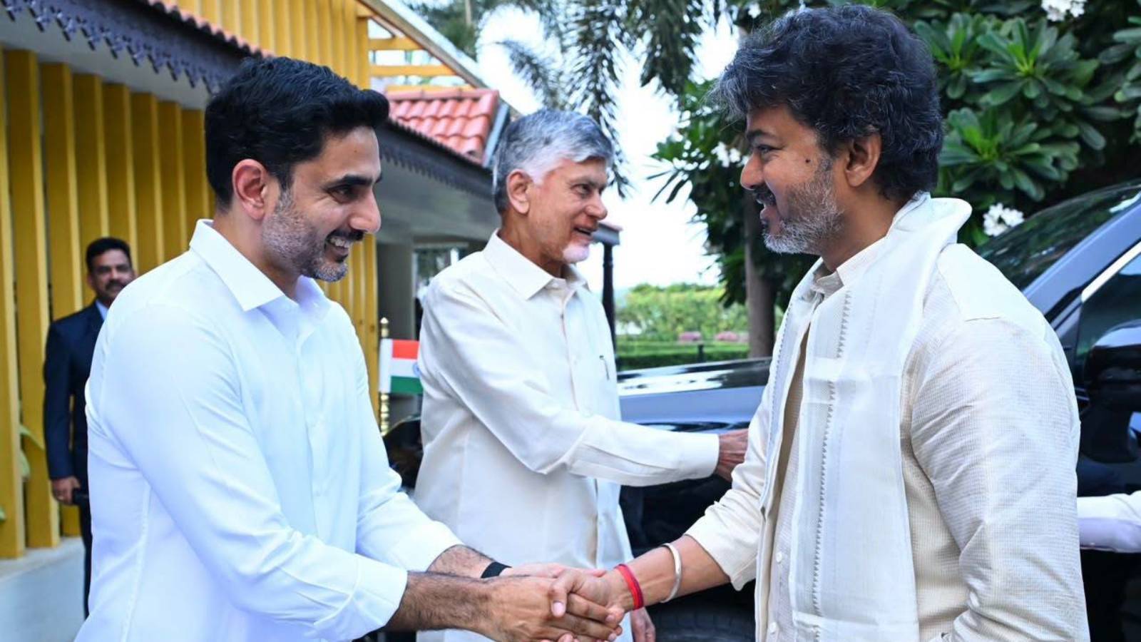 Vijay thalapathy with Chandrababu Naidu and Nara Lokesh